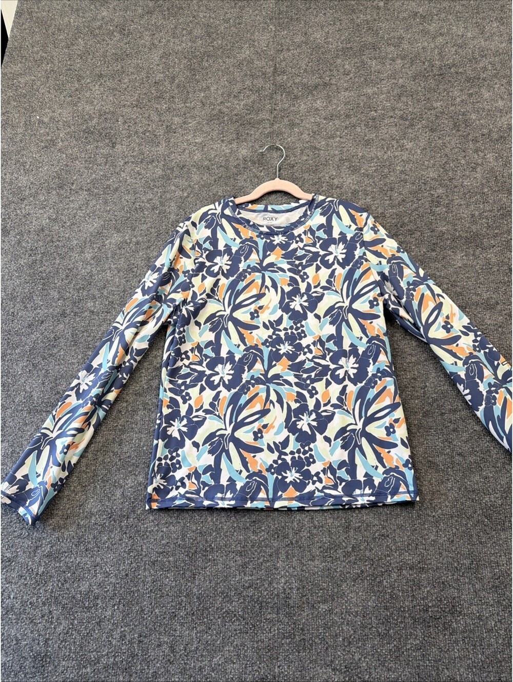 ROXY Womens Navy Floral Print Sun Protection Rash Guard L/S T-Shirt